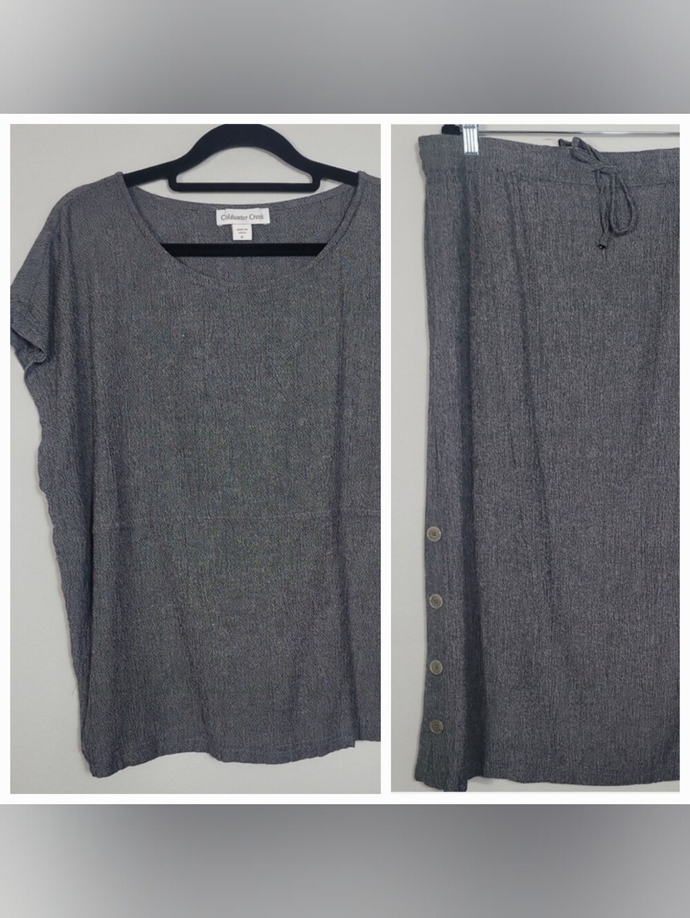 Vintage Coldwater Creek 2 Piece Skirt & Top Set Size XL Gray Lagenlook Artsy